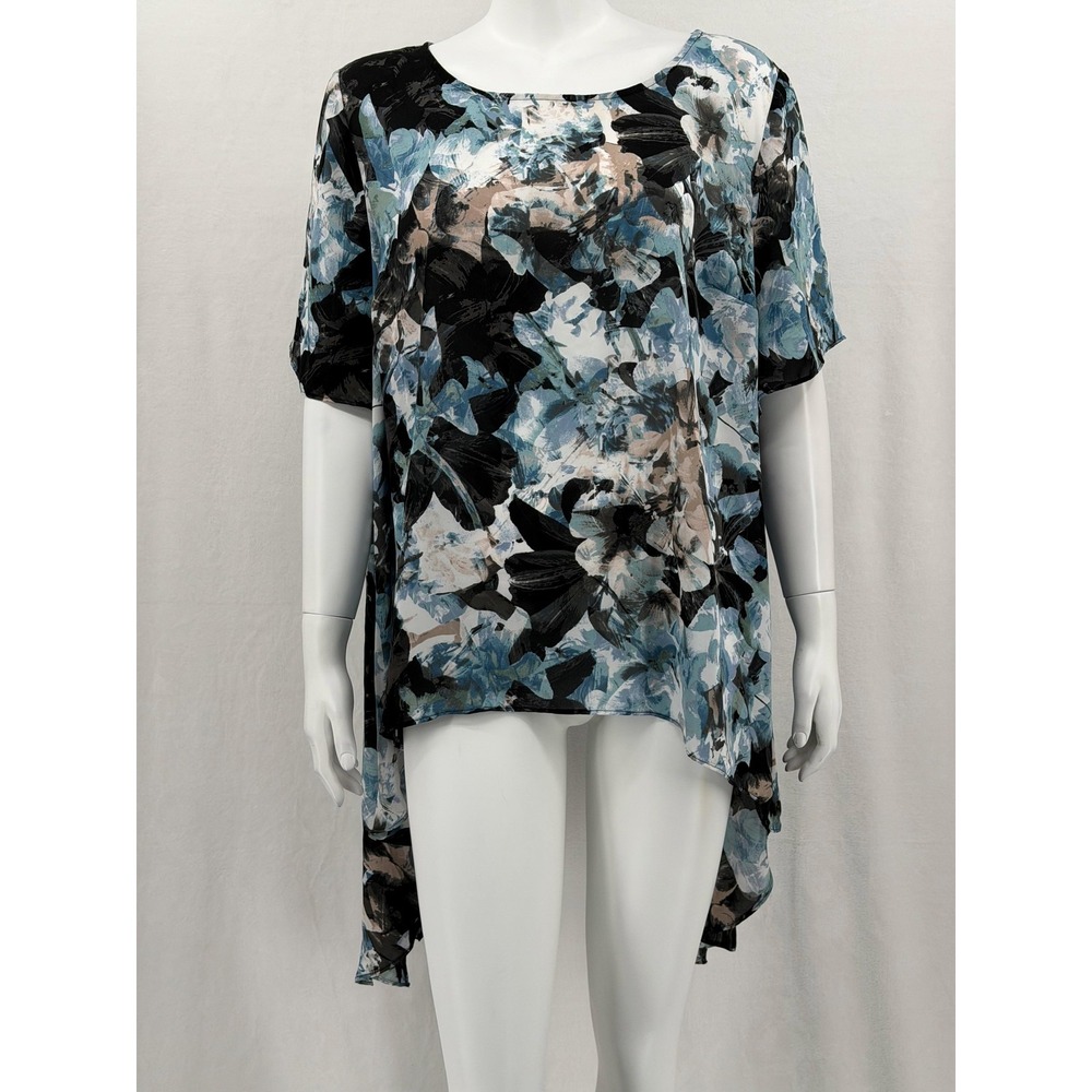 Jennifer Lopez Top Womens 1X Blue Black Sheer Abstract Asymmetrical Boho‎ Flowy